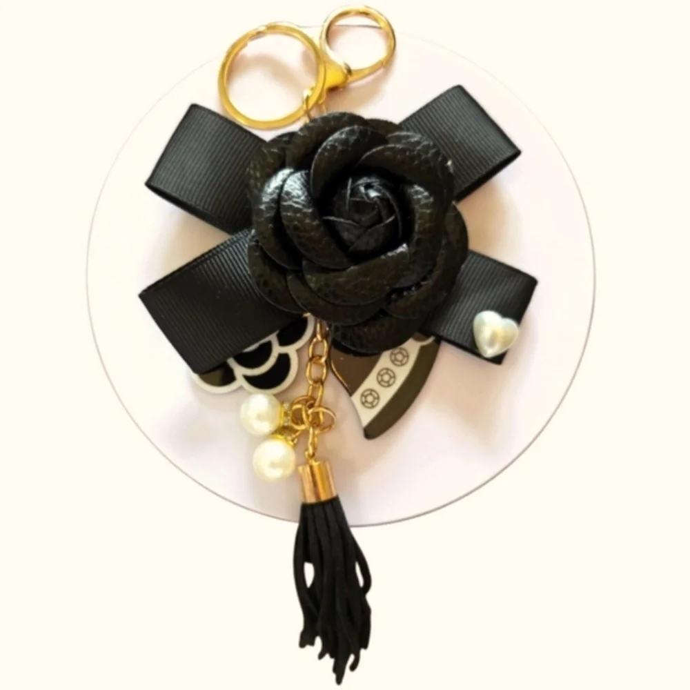 Elegant XL Faux Leather Black Camellia Purse Charm with Lux Inspired Charms